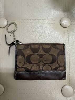 COACH Mini Skinny Coin Purse Key Wallet Card Case Brown Signature Canvas Leather